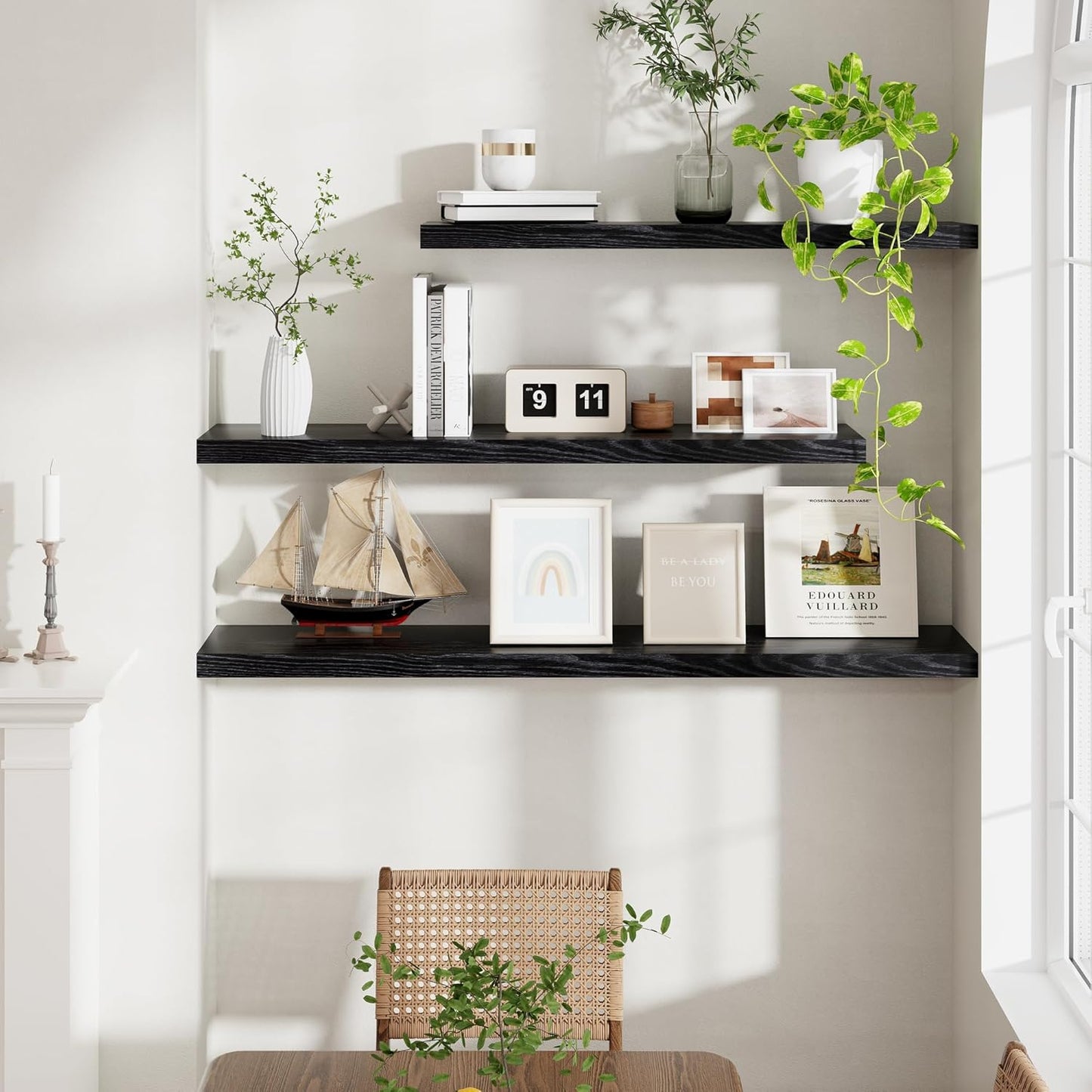 40 Inch Floating Shelves Black, 40" W x 9" D Floating Shelf Set of 2, Farmhouse Wood Wall Shelves for Bedroom, Kitchen, Wall Mounted Deep Shelving for Home Decor