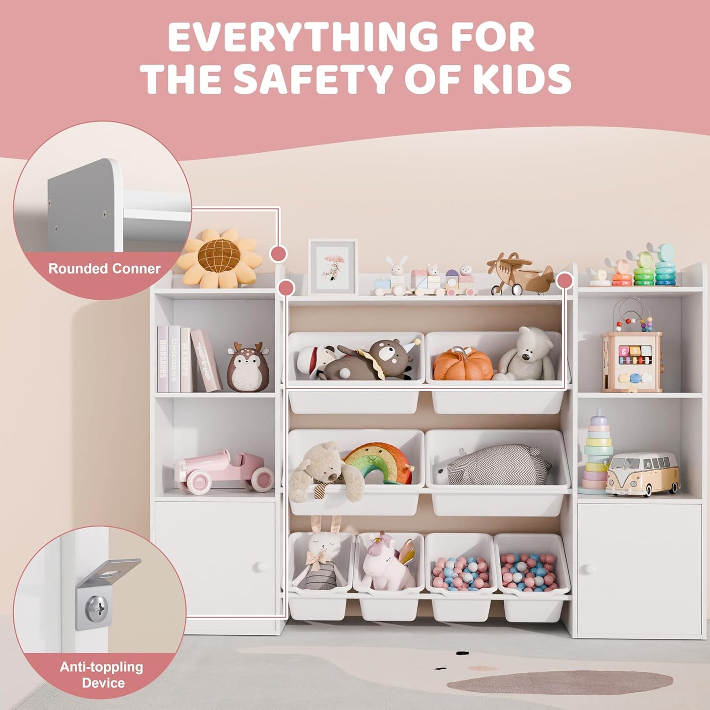 Xilingol Kids Toy Storage Organizer W/8 Removable Toy Bins, 4-Tier Toy Organizers W/6 Storage Cubbies, Kid Bookshelf and Toy Storage for Playroom, Bedroom, Kids Room, Classroom