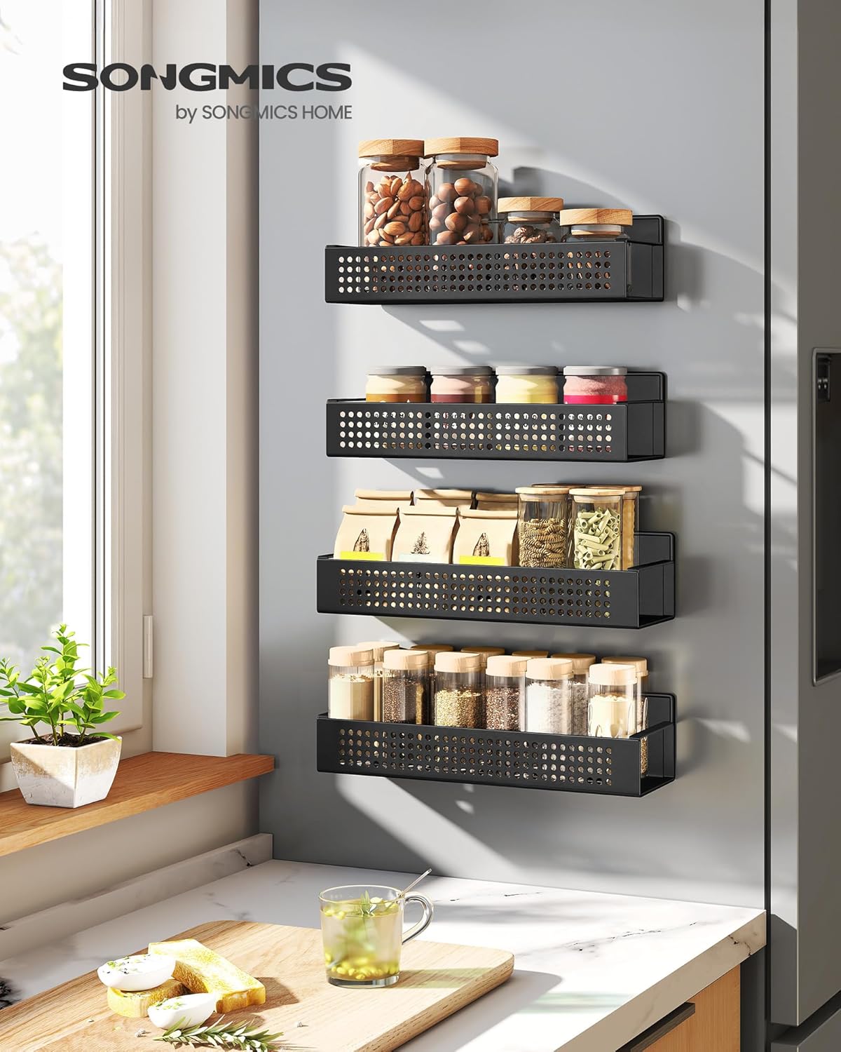 SONGMICS Magnetic Spice Rack for Refrigerator, Set of 4, 2 Large and 2 Small Kichen Magnetic Shelves for Microwave, Washing Machine, Spice Organizers, No Drilling Needed, Ink Black UKCS061B01