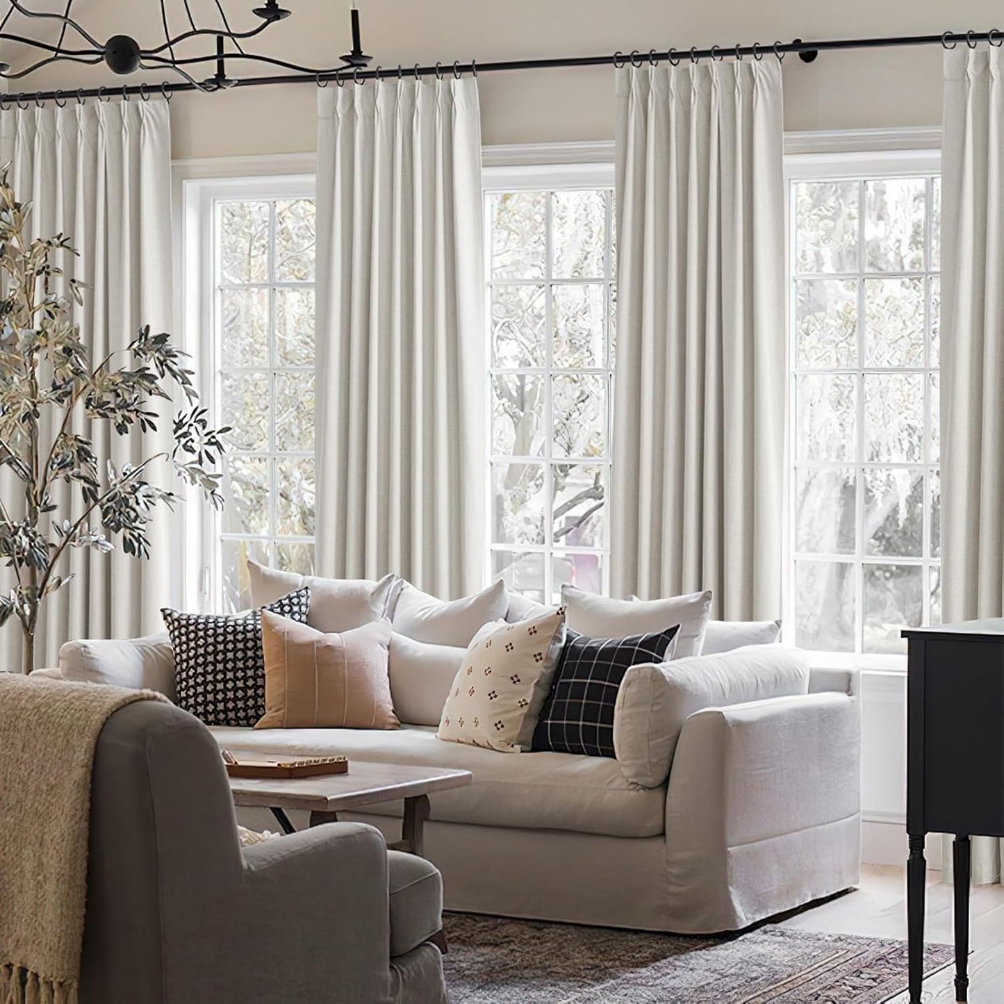 Buttercream Blackout Curtains 90 Inches Long, Thick Linen Patio Drapes for Insulated Sliding Glass Doors Cute Curtains for Nursery Bedroom Aesthetic Pinch Pleated with Hooks 2 Panels