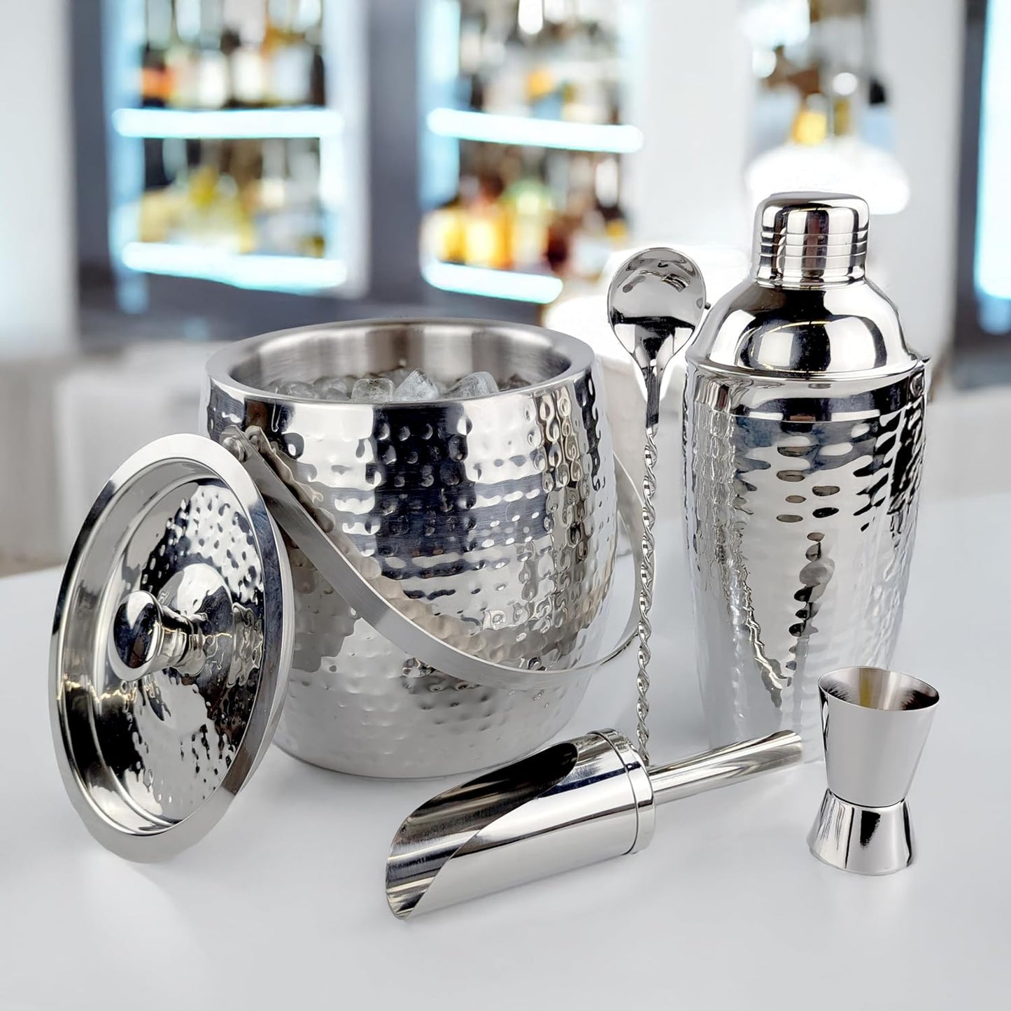 BREKX Insulated Ice Bucket for Cocktail Bar with Drink Shaker 5-Piece Cocktail Set for Parties with Lid and Scoop - Bartender Accessories, Bartending Kit for Home Bar or Gifting