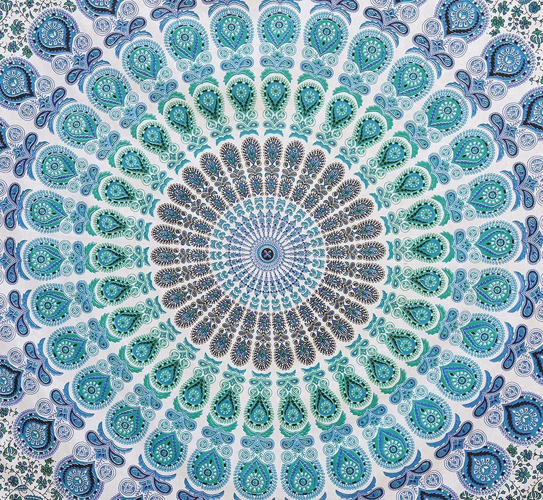 Bless International Handmade Indian hippie Bohemian Psychedelic Peacock Mandala Wall hanging College Dorm Beach Throws Table Cloth Bedding Tapestry (Peacock Sky Blue, Queen(84x90Inches)(215x230Cms))