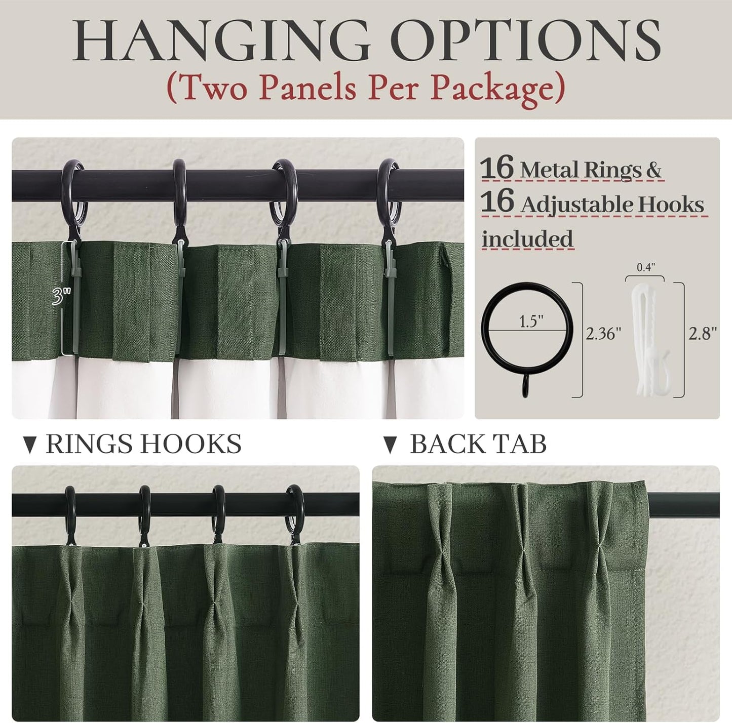 Lush Decor 120 Inch/10ft Long Insulated Back Tab Pinch Pleated Curtains, Linen Olive Green Linen Blackout Window Drapes 2 Panels, Room Darkening Extra Long Tall Curtains for Living Room