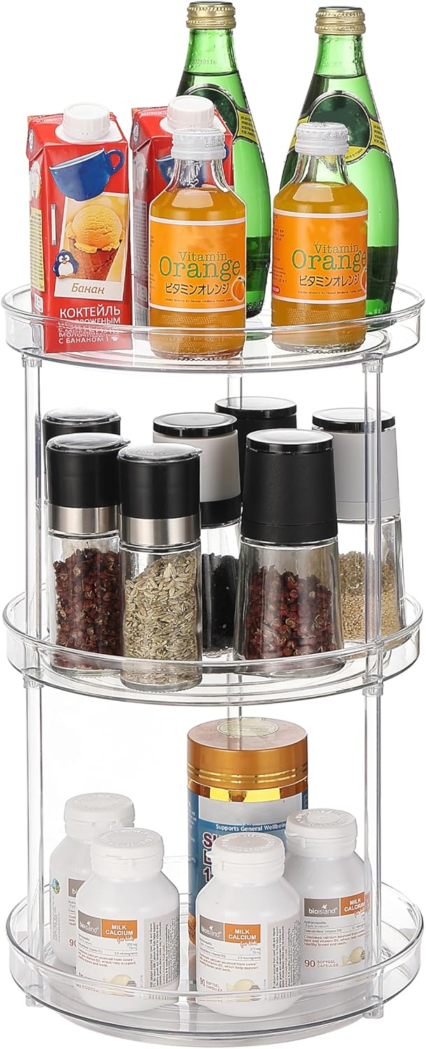 URALFA 3 Tier Bathroom Lazy Susan Organizer, 9 Inch Clear Rotating Makeup Organizer for Vanity, High-Capacity Acrylic Skincare Organizers 360 Rotating Tray for Countertop, Pantry, Kitchen, Cupboard