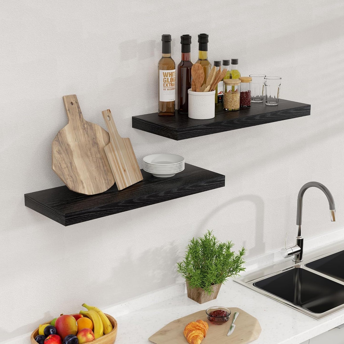 24 Inch Floating Shelves, Rustic 24 x 9 Black Floating Shelf for Wall, Black Bathroom Shelf Set of 2, Farmhouse Wood Wall Shelves for Bedroom, Kitchen, 9 Inch Deep Shelves for Home Storage