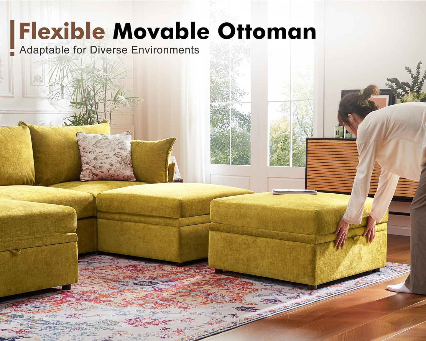 102.6" U Shaped Modular Sectional Sofa, 5 Seater Couch with Storage Ottoman Deep Seat and High Backrest with Removable Cover for Living Room, Apartment - Chenille Yellow