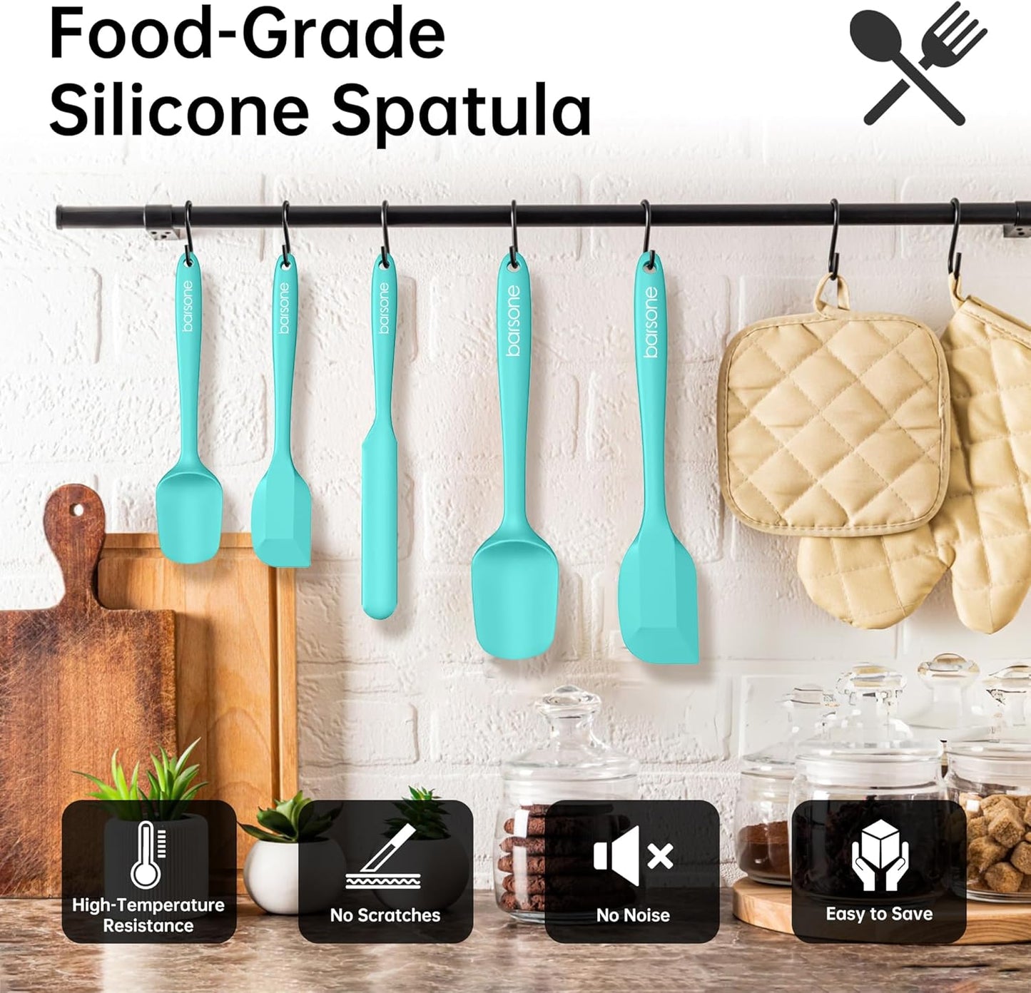 Barsone 5-Piece Silicone Spatula Set（ Heat Resistant 446°F Food Grade BPA Free, Nonstick Cookware Safe Dishwasher Safe Kitchen Tools for Baking, Cooking, Stirring, Blue）