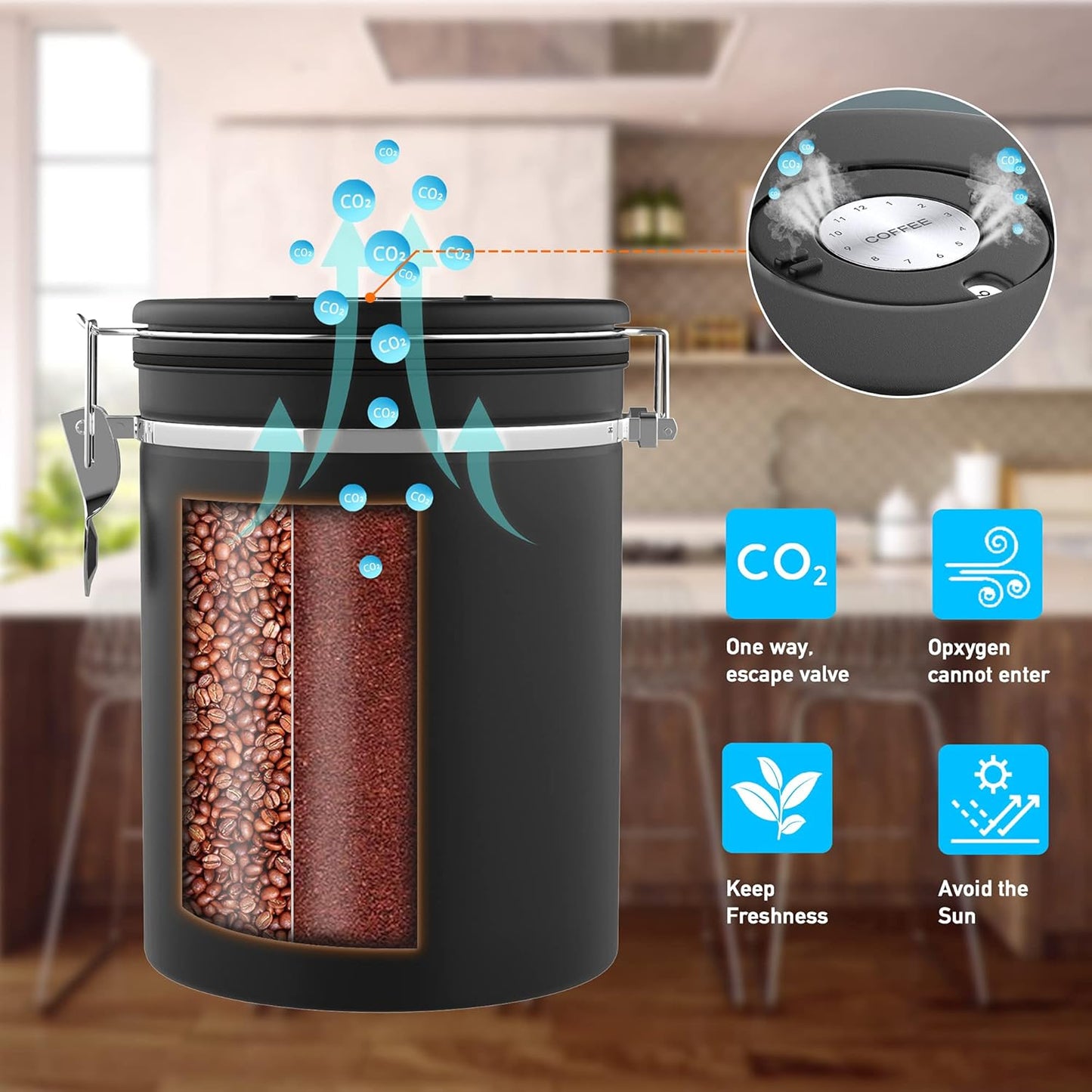 Coffee canister for ground coffee with Scoop Date Tracker One Way Co2 Valve 304 Stainless Steel Kitchen Food Airtight storage container for Coffee Beans,Grounds,Tea,Sugar (Silver, 22oz)