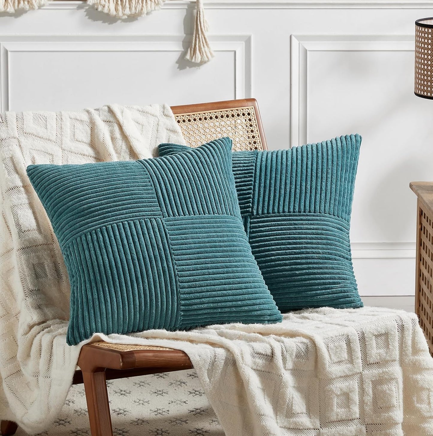 Fancy Homi 2 Packs Teal Decorative Throw Pillow Covers 22x22 Inch for Living Room Couch Bed Sofa, Rustic Farmhouse Boho Home Decor, Soft Corss Corduroy Patchwork Accent Square Cushion Case 55x55 cm