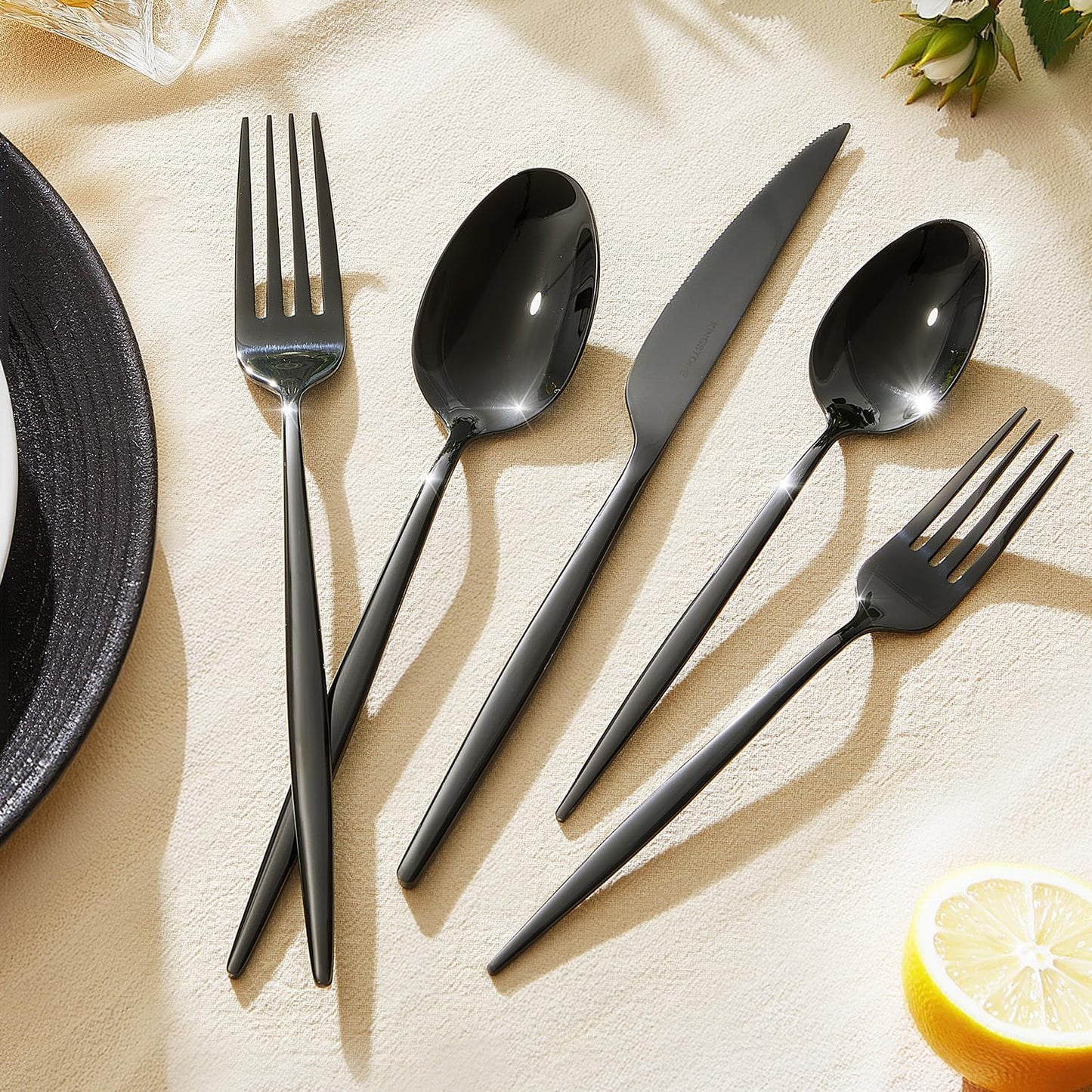 KINGSTONE Silverware Set, 40-Piece Flatware Set Cutlery Set Premium 18/10 Stainless Steel, Tableware Include Forks Knives Spoons for Home Kitchen Restaurant Wedding, Dishwasher Safe,Black