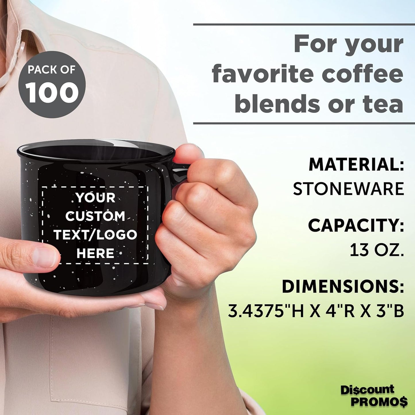 DISCOUNT PROMOS Custom Ceramic Campfire Coffee Mugs 13 oz. Set of 100, Personalized Bulk Pack - Perfect for Tea, Espresso, Cappuccino, Hot Cocoa - Black