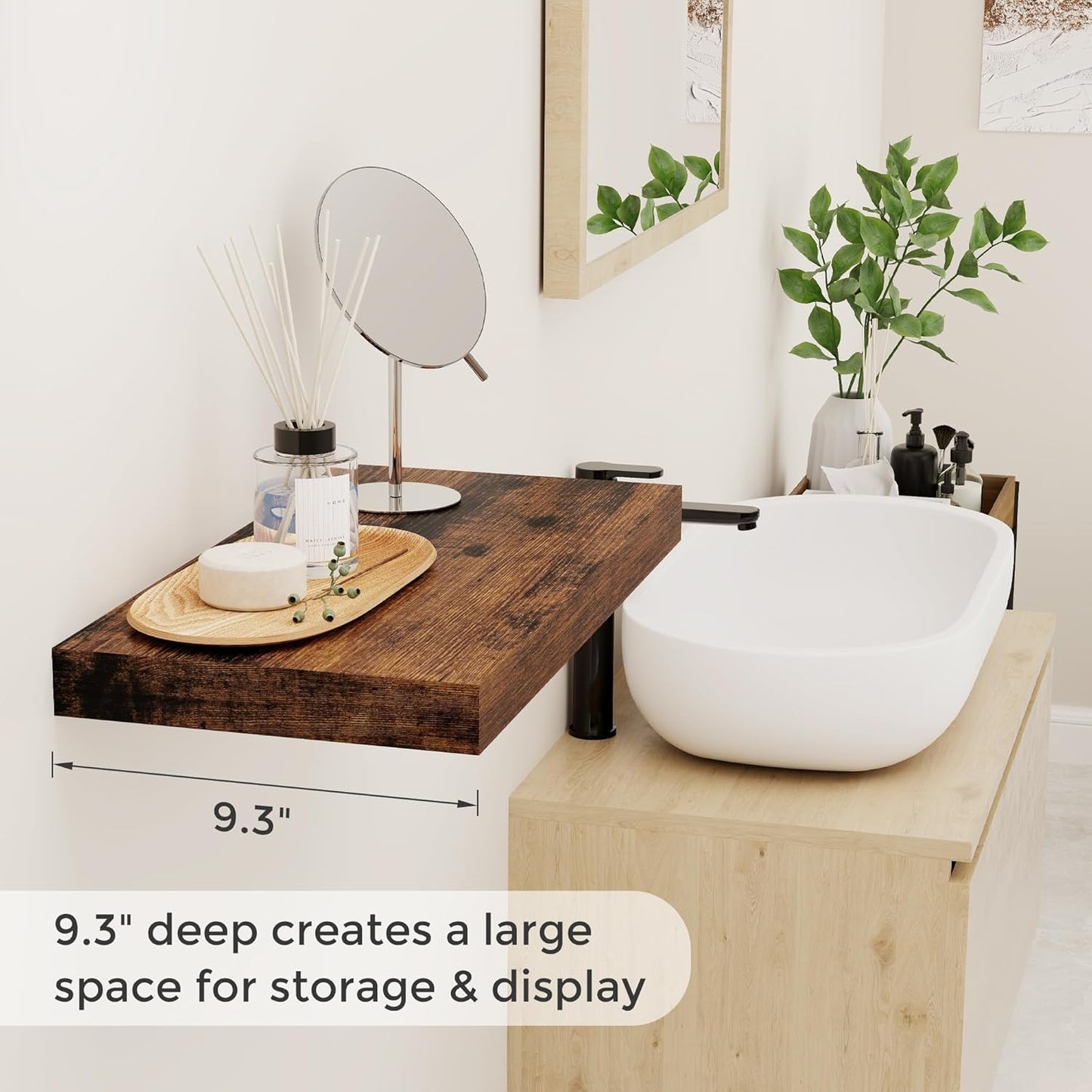 Fun Memories 16 Floating Shelves, 9 Inch Deep Wall Shelf for Bathroom, Rustic 16 x 9 Floating Shelf for Kitchen, Bedroom, Wide Wooden Shelves Wall-Mounted, Rustic Brown Color, Set of 2