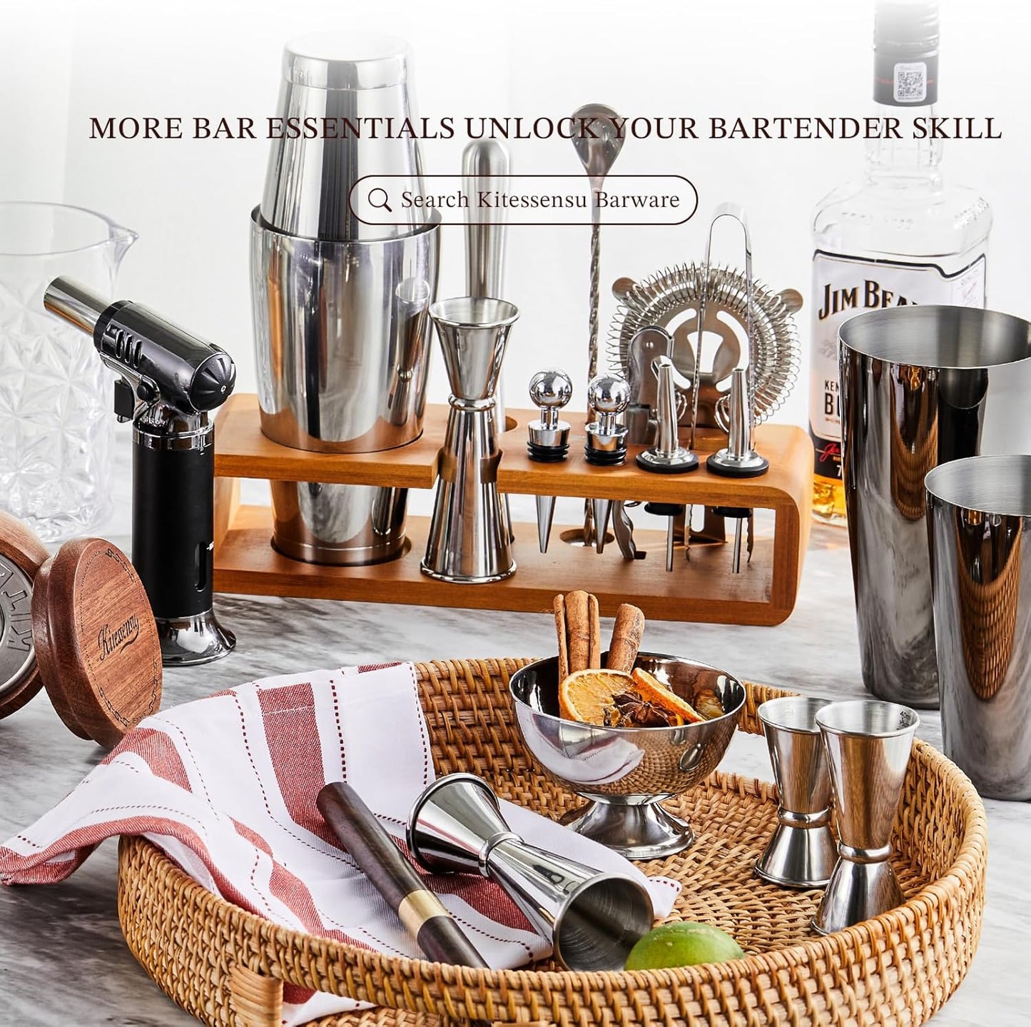 KITESSENSU Cocktail Shaker Set Bartender Kit, 6-Piece Silver Bar Set with Stand, Bar kit with Essential Bar Accessory Tools: Martini Shaker, Jigger, Strainer, Bar Spoon, Tongs, Opener