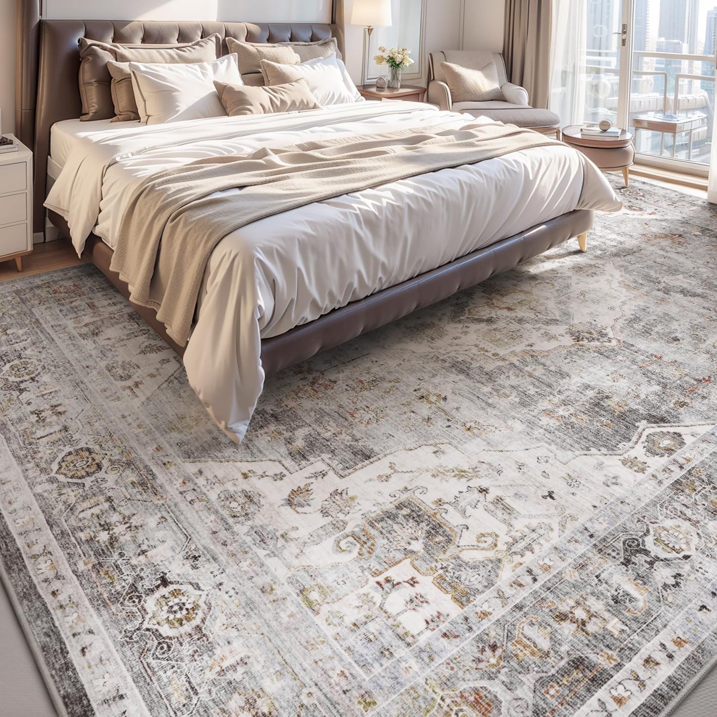 AMOAMI-3X5 Area Rug-Soft Washable Vintage Throw Accent Rugs for Living Room, Entryway, Bedroom, Kitchen, Bathroom, Laundry Room, Kitchen, Bathroom, Bedside, No Slip Grey