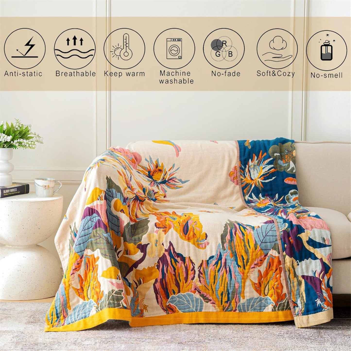Boho Throw Blanket for Couch 100% Cotton Throw Floral Bed Blanket 80''x90'',Cotton Quilts Travel Knitted Muslin Blanket Home Decor Cozy Blankets for Women