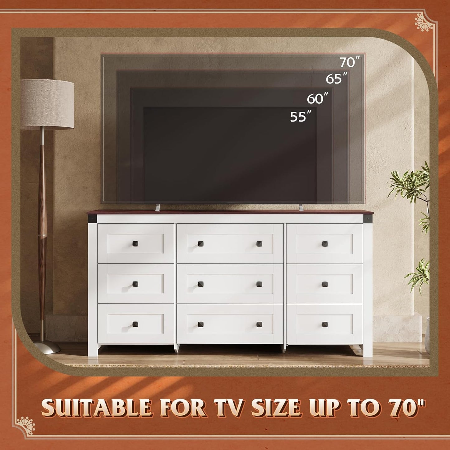 WLIVE Farmhouse Dresser for Bedroom, 63" Wide 9 Drawer Dresser Storage Organizer, Wood Chest of Drawers for Bedroom, TV Stand for 70 inch TV, for Living Room, Hallway, Ball Bearing Slide (White)