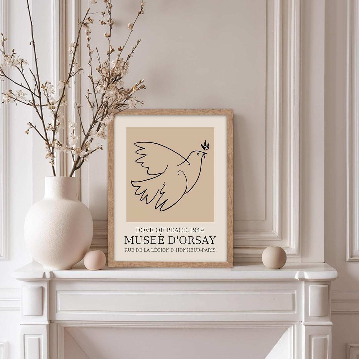 Poster Master Vintage Poster - Retro Minimalist Print - Gift for Artist, Friend - Dove Of Peace, Line Drawing, Sketch, Abstract - Wall Decor for Living Room, Bedroom, 11x14 Beige Framed