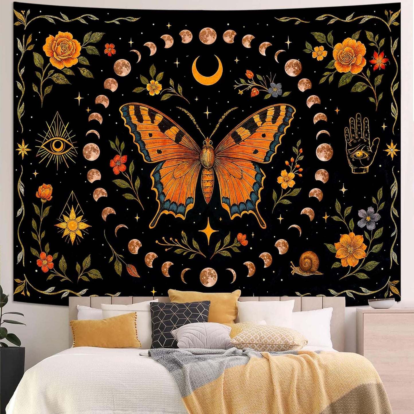 Lunerfex Moon Phase Butterfly Floral Wall Tapestry, Celestial Botanical Tapestries for Room Decor, Mystical Tapestry 80x60 Inch