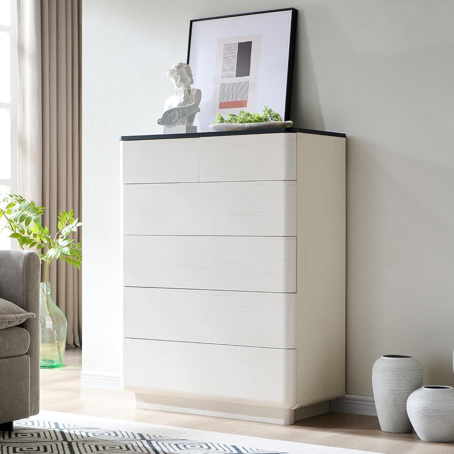 6 Drawer Dresser for Bedroom, 42 Inch Tall Modern Chest of Drawers, Push-to-Open Wood Storgae Organizer with Large Drawers for Bedroom, Living Room, Hallway,Off White