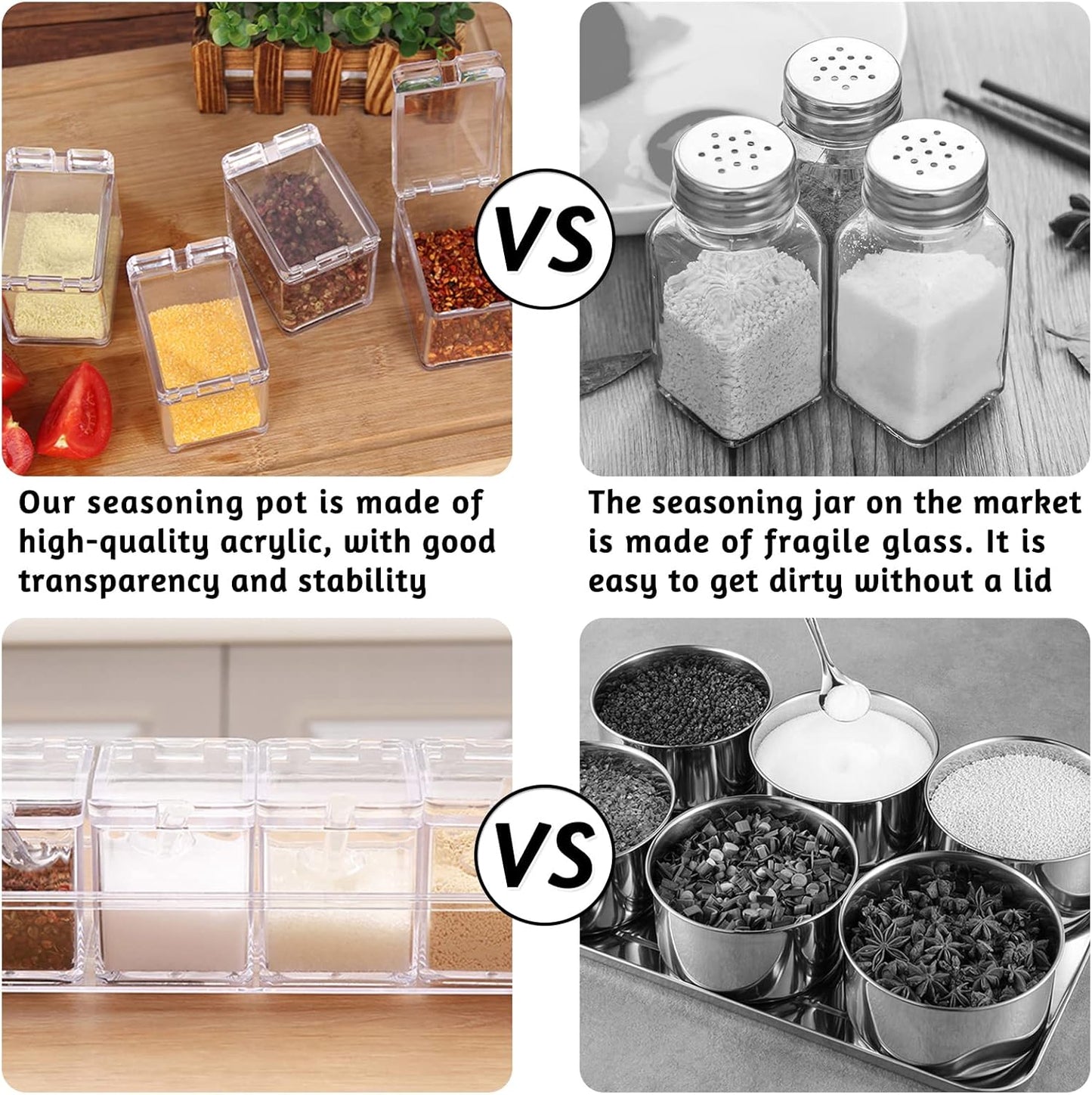 Clear Spice Containers, 4 Pieces Condiment Container with Lids for Salt Sugar, Acrylic Spice Rack Spice Container with Spoon