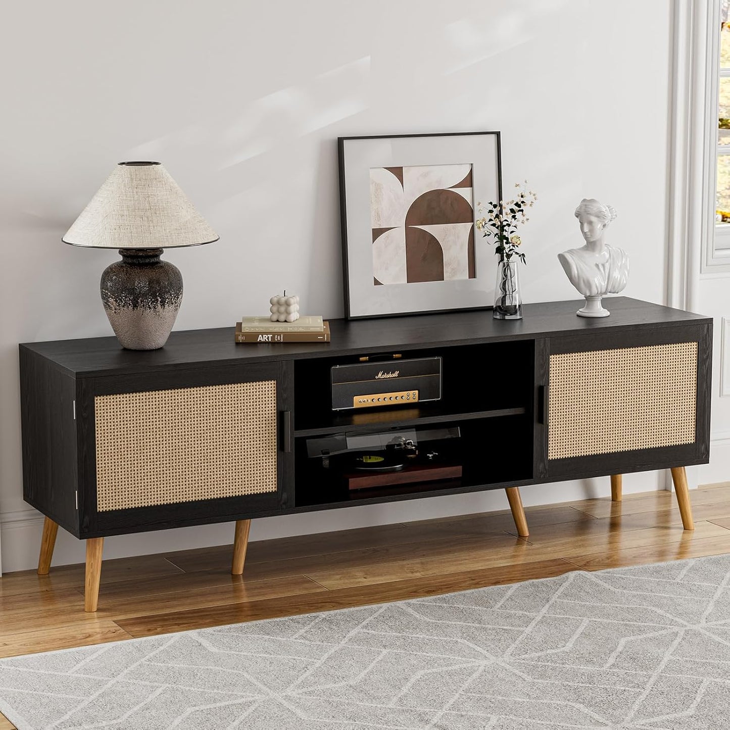 TV Stand for TVs up to 65'', Entertainment Center with Rattan Door, Shelves & 2 Cabinets, Boho Media TV Console for Living Room, Bedroom, Black