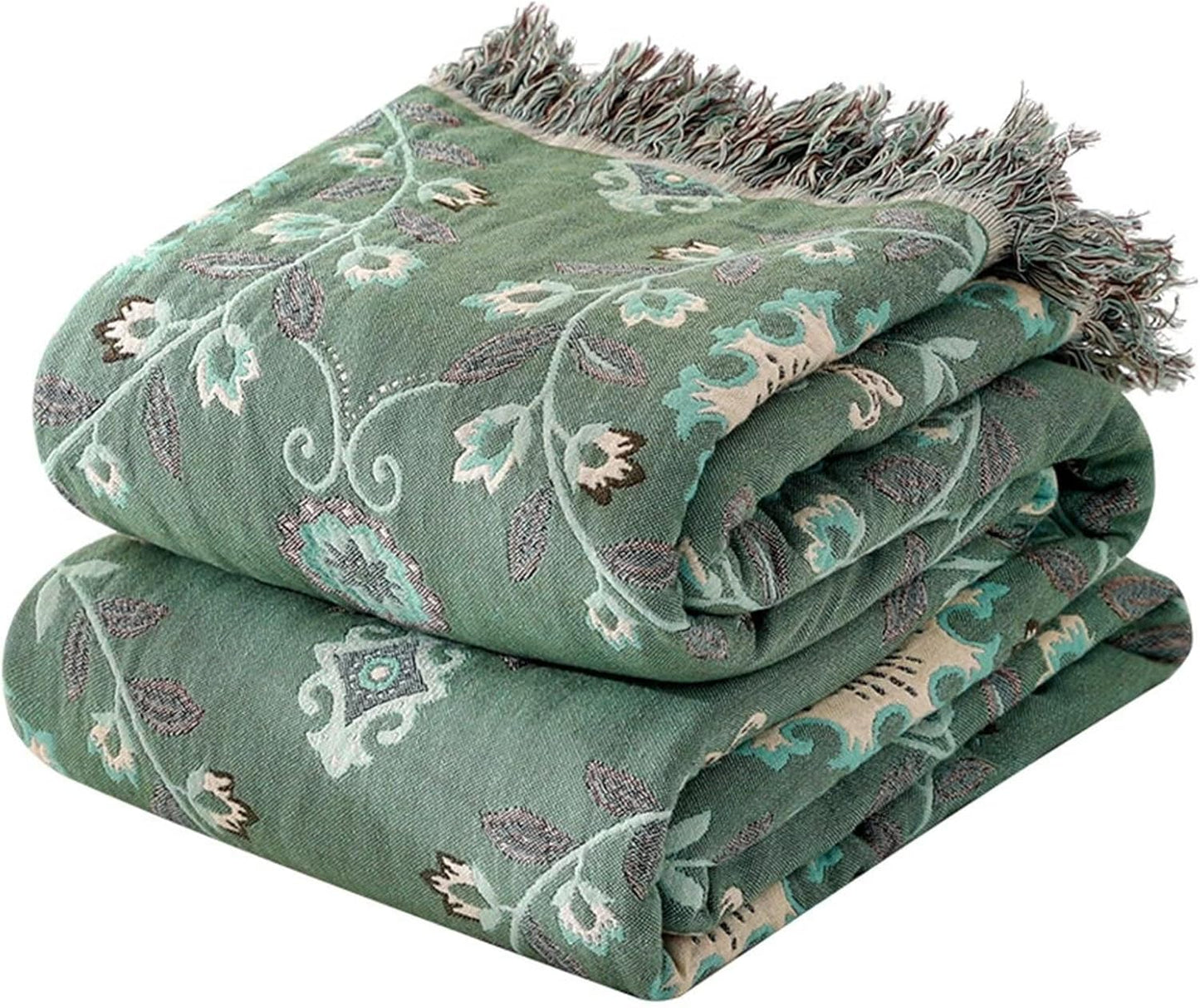 MSGKV Green Boho Throw Blanket for Bed Couch,100% Cotton Mexican Picnic Blankets Travel Blanket 80''x 90'', Super Soft Lightweight Muslin Blanket for Bedroom Living Room Boho Decor
