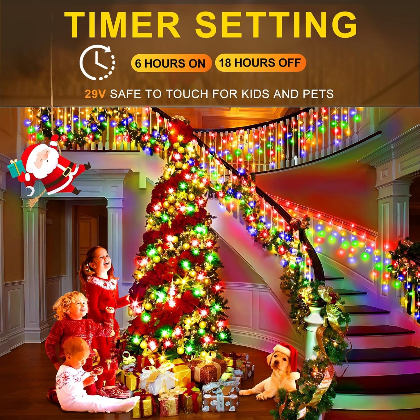 KNONEW Christmas Lights Outdoor Decorations 400 LED 33ft 8 Modes Curtain Fairy String Light with 75 Drops, Clear Wire LED String Light for Wedding Party Holiday Christmas Decorations Multicolor