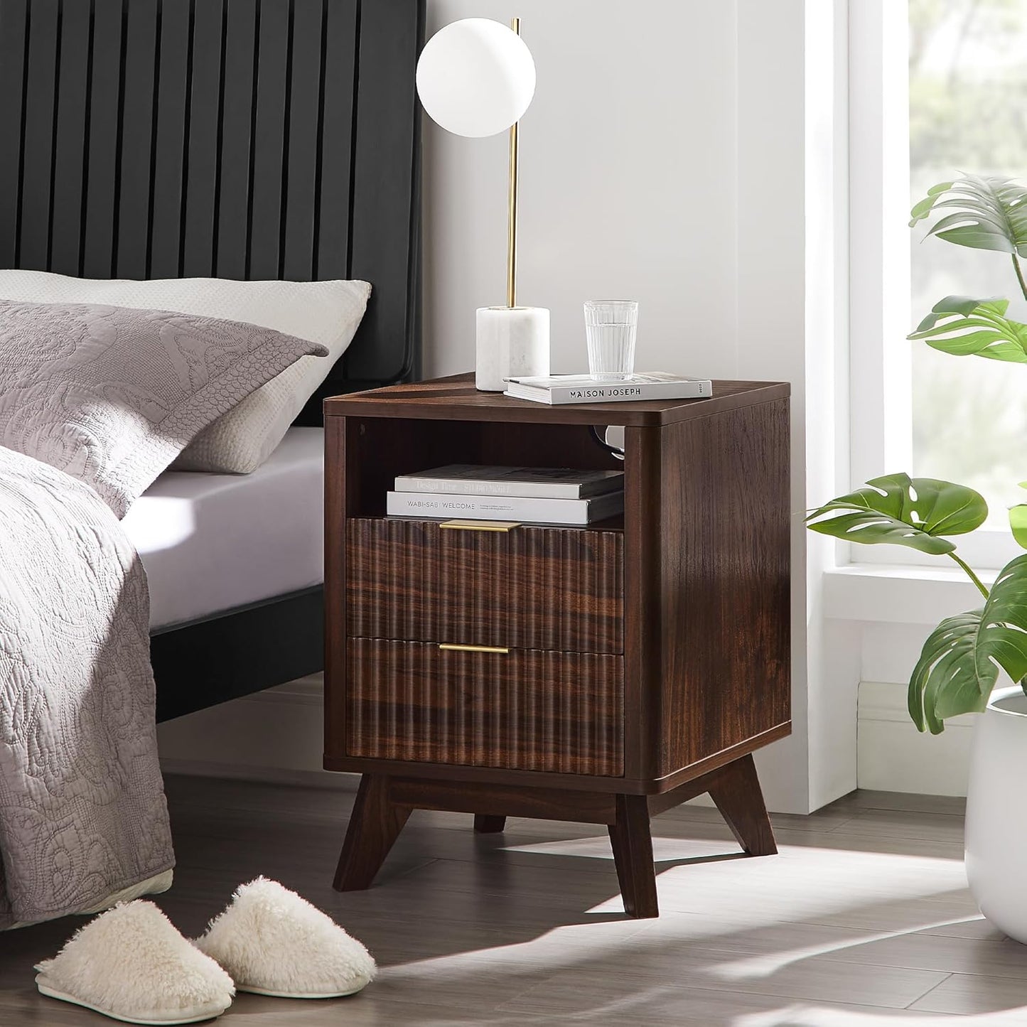 T4TREAM Fluted Nightstand with Charging Station, 18" Modern Side Table, 2 Drawers End Table with Storage, Bedside Table for Bedroom, Living Room, Curved Profile Design, Dark Walnut