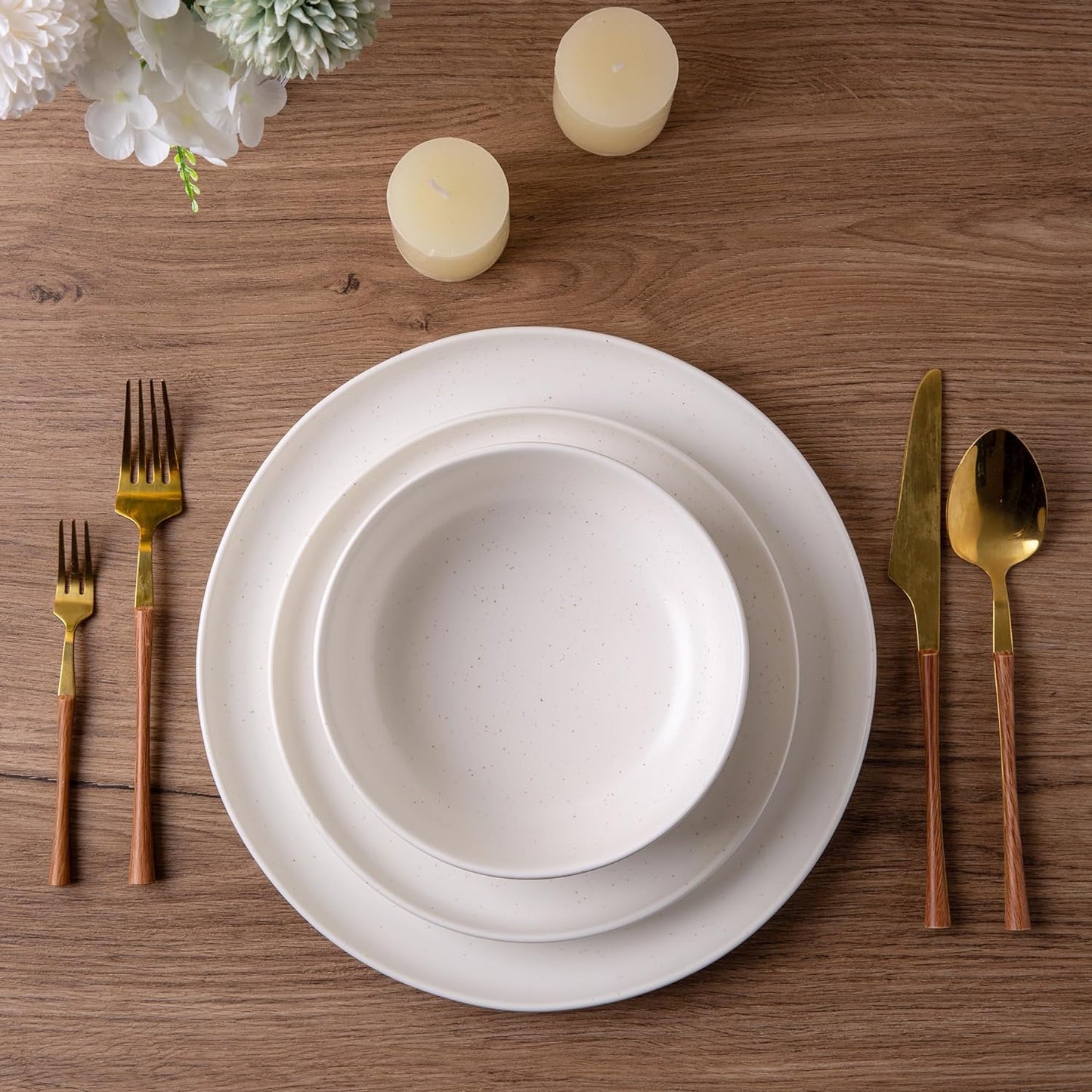 AmorArc Ceramic Dinnerware Sets, Wavy Rim Stoneware Plates and Bowls Sets, Highly Chip and Crack Resistant | Dishwasher & Microwave & Oven Safe Dishes set, Service for 4 (12pc)-Matte Speckled White
