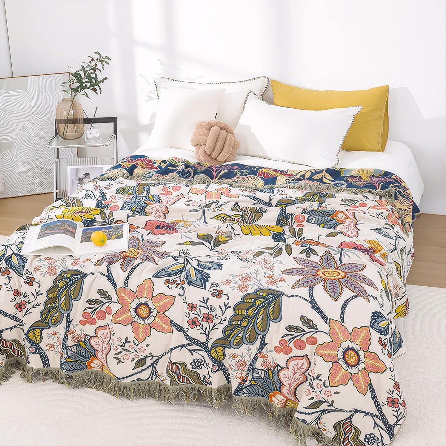 Snycler Boho Throw Blanket for Bed, 100% Organic Cotton Muslin Soft Throw-Floral Farmhouse Rustic Spring Summer Fall Decor Blanket for Couch Sofa Quilt and Gift, 80" x 90" White