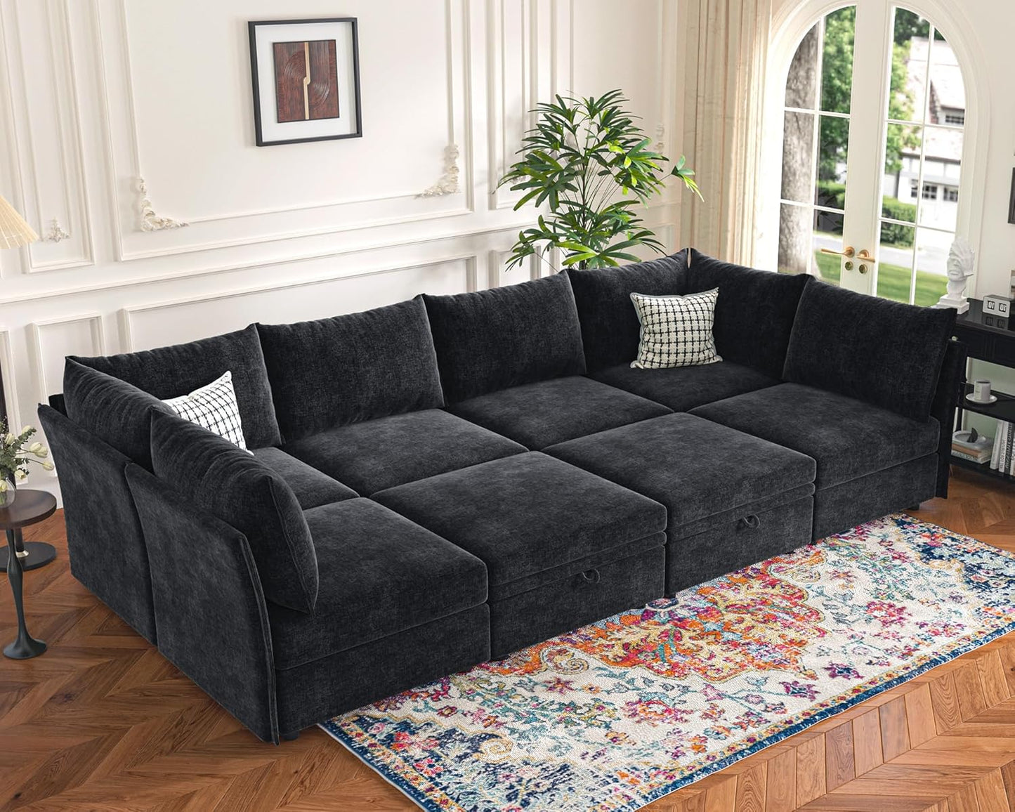 136.4" Oversized Modular Sectional Sleeper Sofa Bed, U Shaped Convertible Couch with Movable Ottoman, Large 8 Seat Corner Couches for Living Room Deep Seat Black Chenille