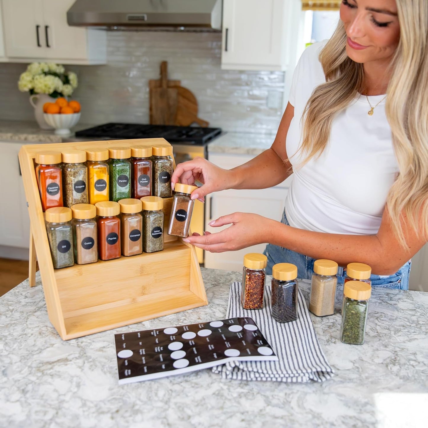 Extra Sturdy 3-Tier Bamboo Spice Rack – 12" W x 10" D x 13" H – Foldable Non-Slip Wooden Spice Organizer for Countertop, Cabinet & Drawer – Includes Labels, Funnel & Hooks – Spice Jars NOT Included