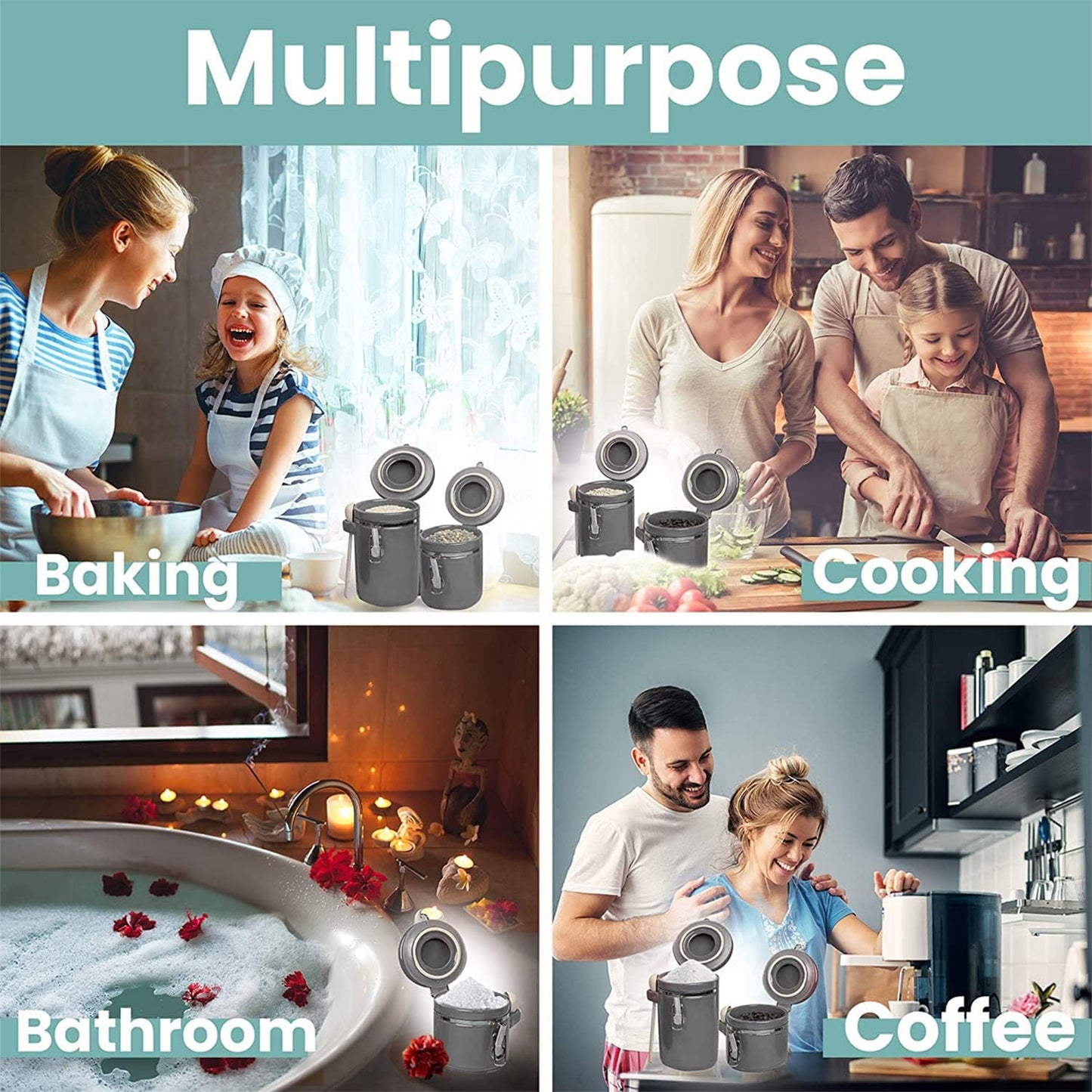 Home Intuition 4-Piece Ceramic Kitchen Canisters Set, Airtight Containers with Wooden Spoons Reusable Chalk Labels and Marker for Sugar, Coffee, Flour, Tea (Grey)