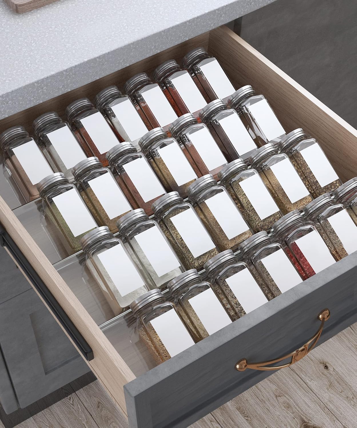 Antimbee Spice Drawer Organizer, 4 Tier- 4 Pack Acrylic Spice Rack Tray for Drawer, Expandable From 13" to 26" Kitchen Spice Rack Tray for Countertop Holds up 28 Spice Jars (Jars not Include)