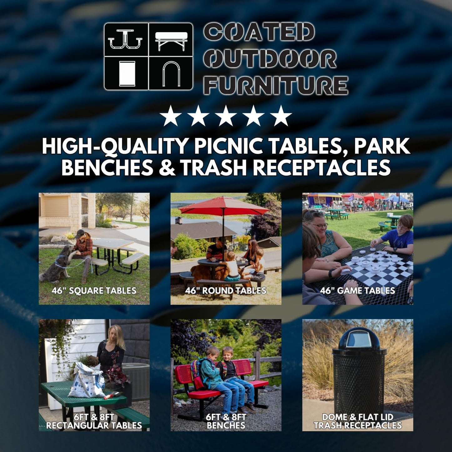 Heavy-Duty Portable Outdoor Picnic Table with Umbrella Hole, Punched Steel Patio Dining Furniture Made in America (46" Round Top, Black)
