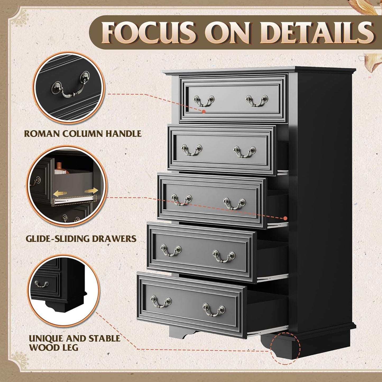 WLIVE Farmhouse Dresser for Bedroom, Tall Wood Dresser with 5 Drawer, Chest of Drawers with Roman Metal Handle for Living Room, Hallway, Closet, Black