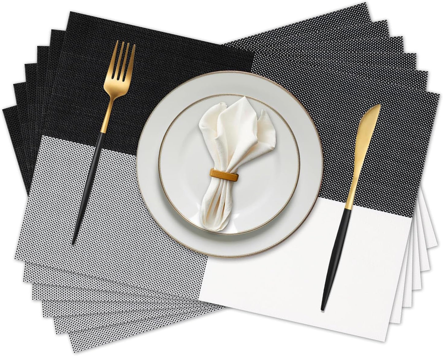 Vinyl Plastic Placemats Set of 6 Washable Heat Resistant Non-Slip Elegant Indoor Outdoor Kitchen Dining PVC Woven Table Place Mats (Black White Lattice Block)