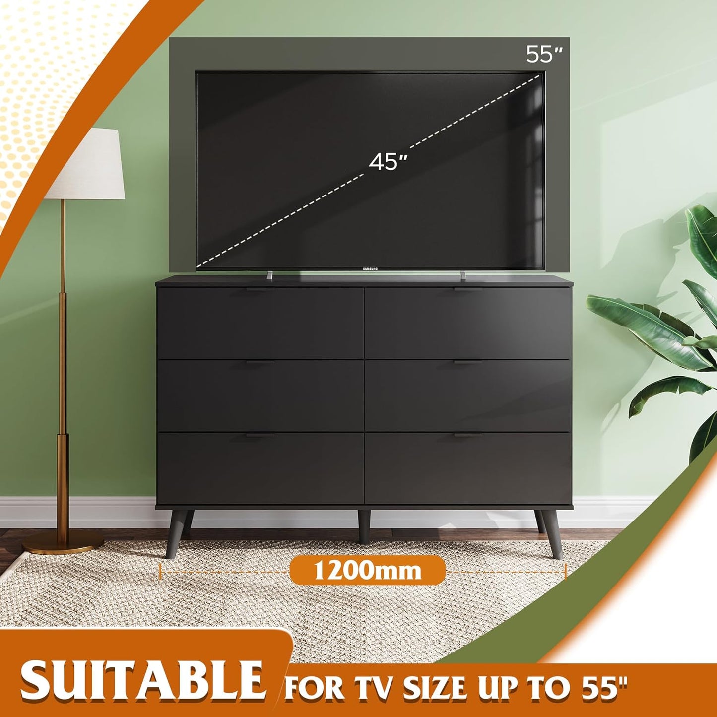 WLIVE Black Dresser for Bedroom, 47.24'' Wide 6 Drawer Wood Dresser Storage Organizer with Sturdy Metal Handle, TV Stand for 55 inch TV, Chest of Drawers for Living Room, Hallway, Closet