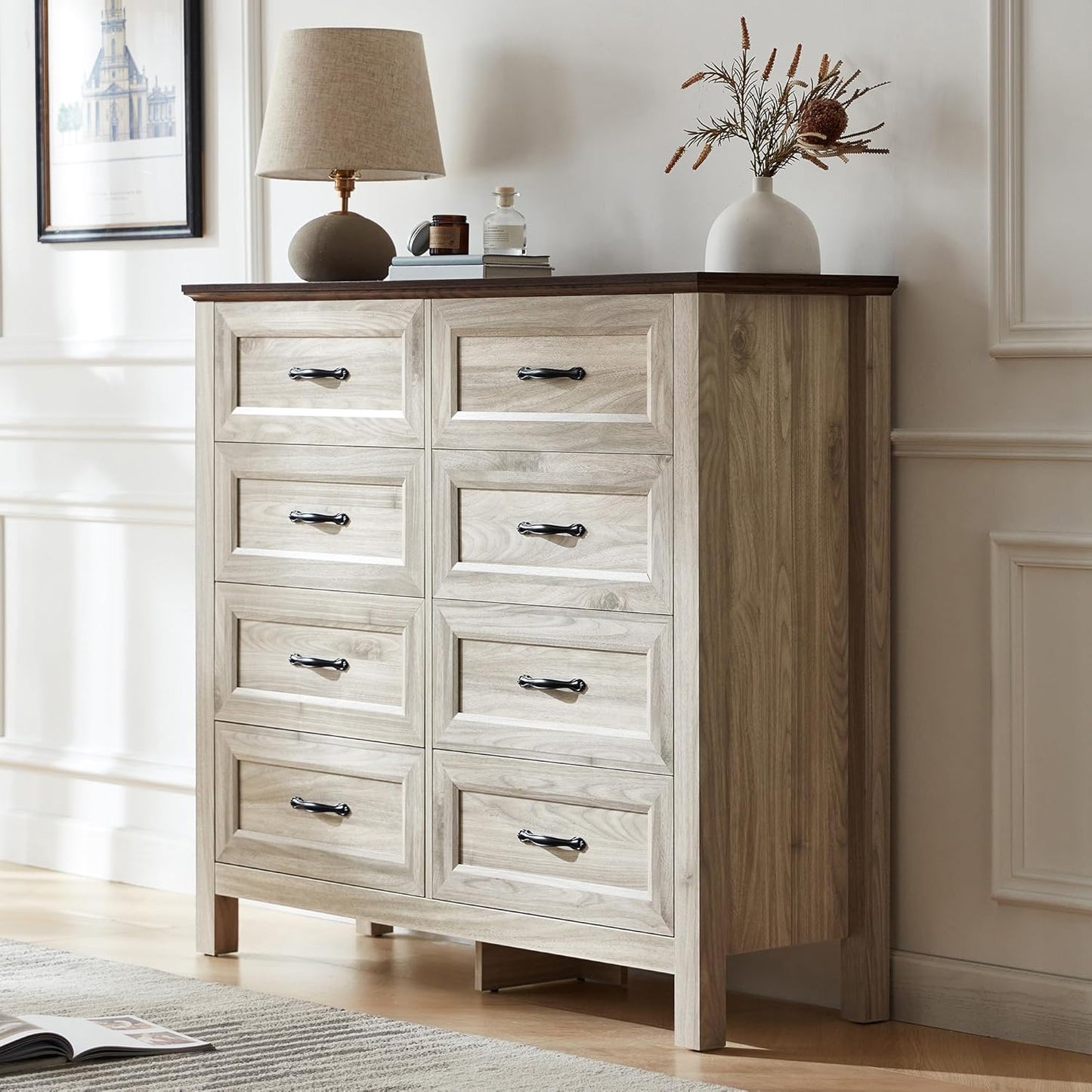 LINSY HOME Farmhouse 8 Drawers Dresser Chests for Bedroom, Wood Dresser Wide Chest of Drawers, Storage Dressers Organizer for Bedroom, Living Room,Hallway, SGS Certified