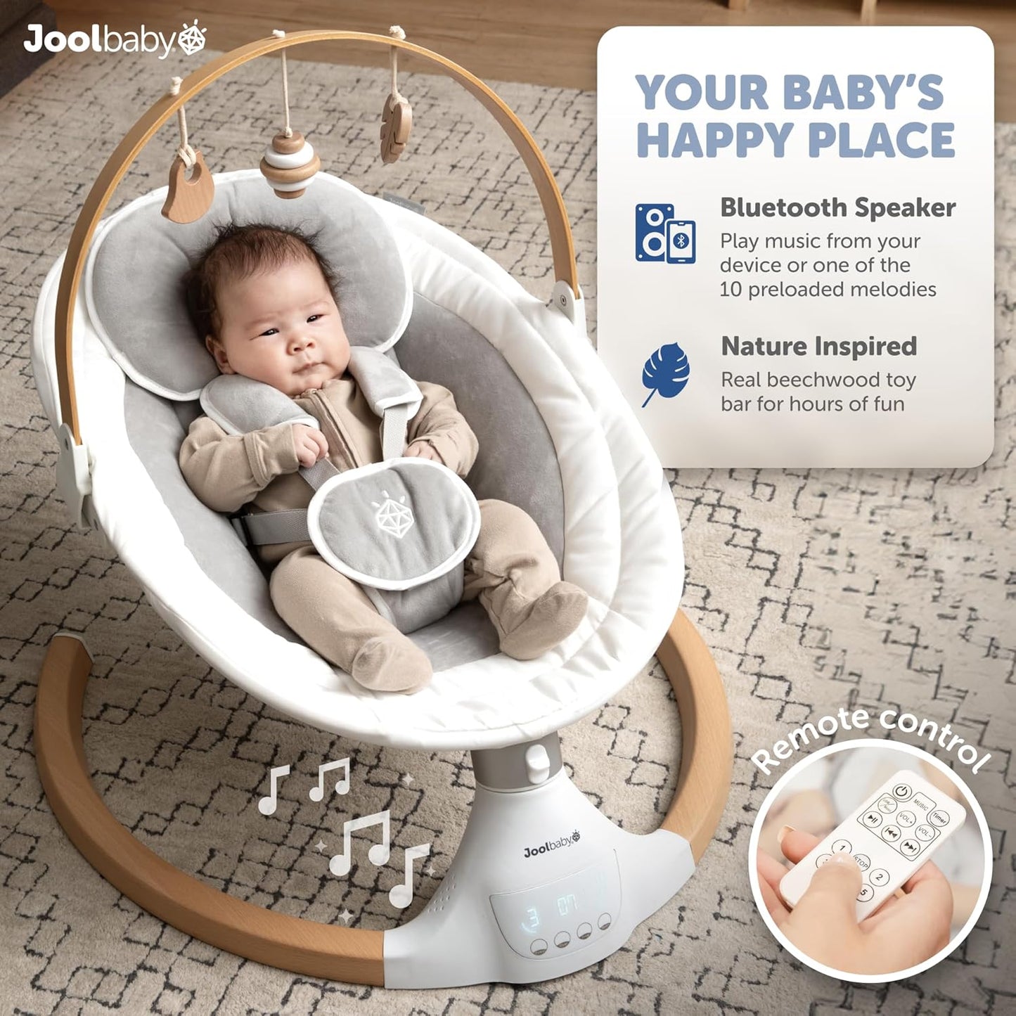 Jool Baby Nova Nature Baby Swing for Newborns – Natural Wood Toys, Electric Motorized Infant Swing, Bluetooth Music