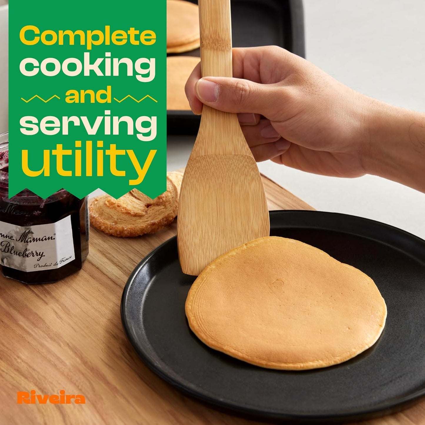 Riveira Bamboo Wooden Spoons for Cooking 9-Piece with Holder, Apartment Essentials Wood Spatula Spoon Nonstick Kitchen Utensil Set Premium Quality Housewarming Gifts for Everyday Use
