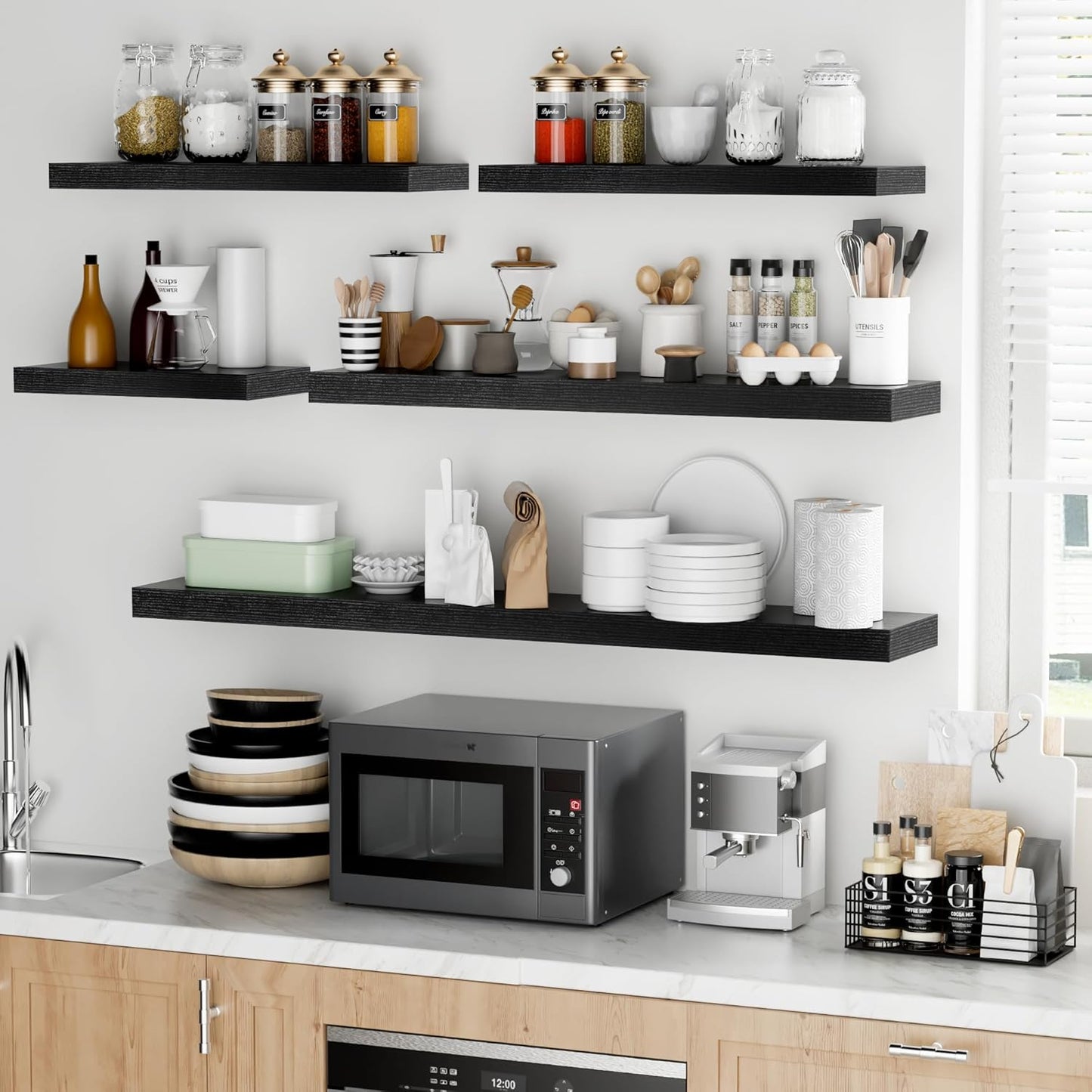 Fun Memories 16 Inch Floating Shelves - Deep Rustic Black Wooden Wall Shelves - Extra Deeper & Thicker Wall Mounted Storage Shelf for Bedroom, Kitchen, Farmhouse - 2 Pack, Rustic Black