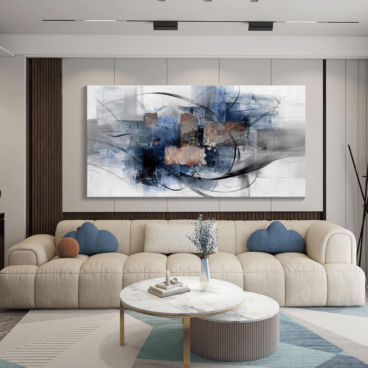 Mofutinpo Canvas Wall Art for Living Room, Bedroom, Office - Large Wall Art Decor - Abstract Wall Art - Modern Black and White Paintings,Blue and Grey Wall Decor, Artwork and Pictures for Wall 24×48
