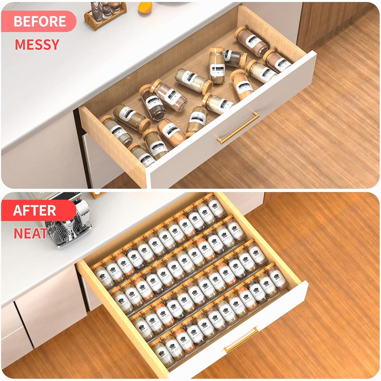 2-Tier Non-Slip Spice Drawer Organizer, 2-Pack Checkered Frosted Clear Acrylic, Expandable (11''-22'') Spice Rack for Kitchen Drawer Storage – Holds Seasonings, Herbs, and Spices (Jars Not Included)