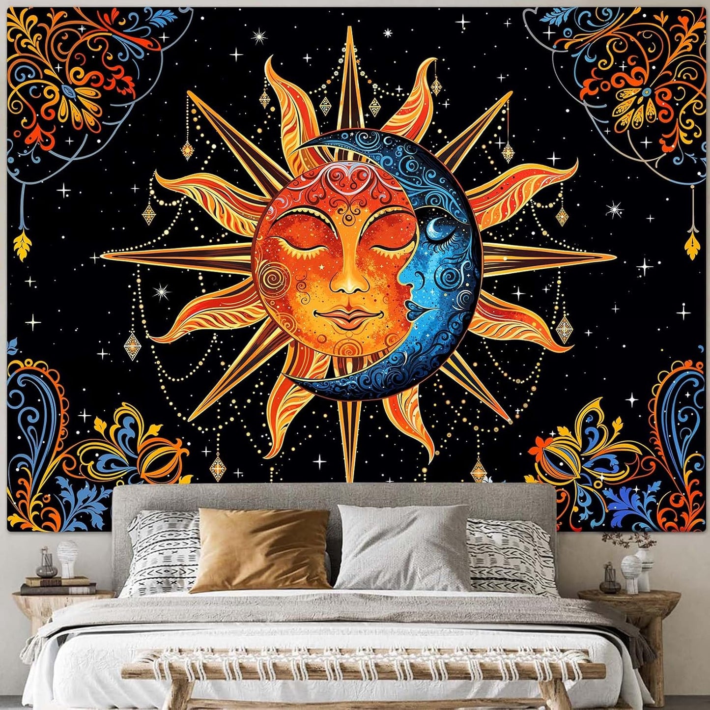 Lunerfex Sun and Moon Tapestry Mandala Wall Tapestry, Cute Tapestries for Bedroom Ceiling Tapestries Wall Hanging for Bedroom Living Room Decor Sun-1 70"x90"