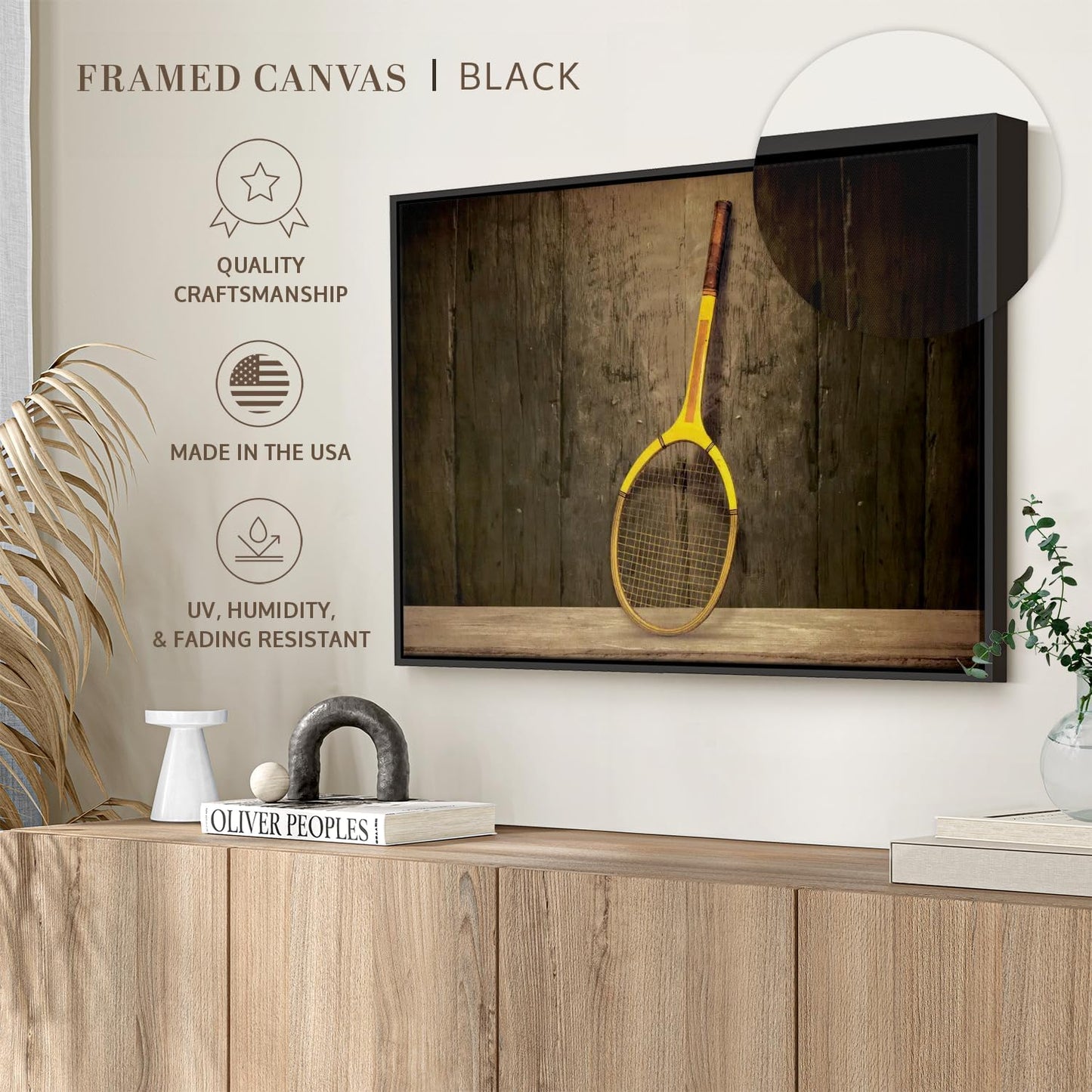 ElephantStock Vintage Tennis Racket Wall Art - Horizontal Framed Canvas - 1-Piece Living Room Wall Decor - Photography Sports Canvas Print - Brown and Black Decor for Wall - 19" X 13"