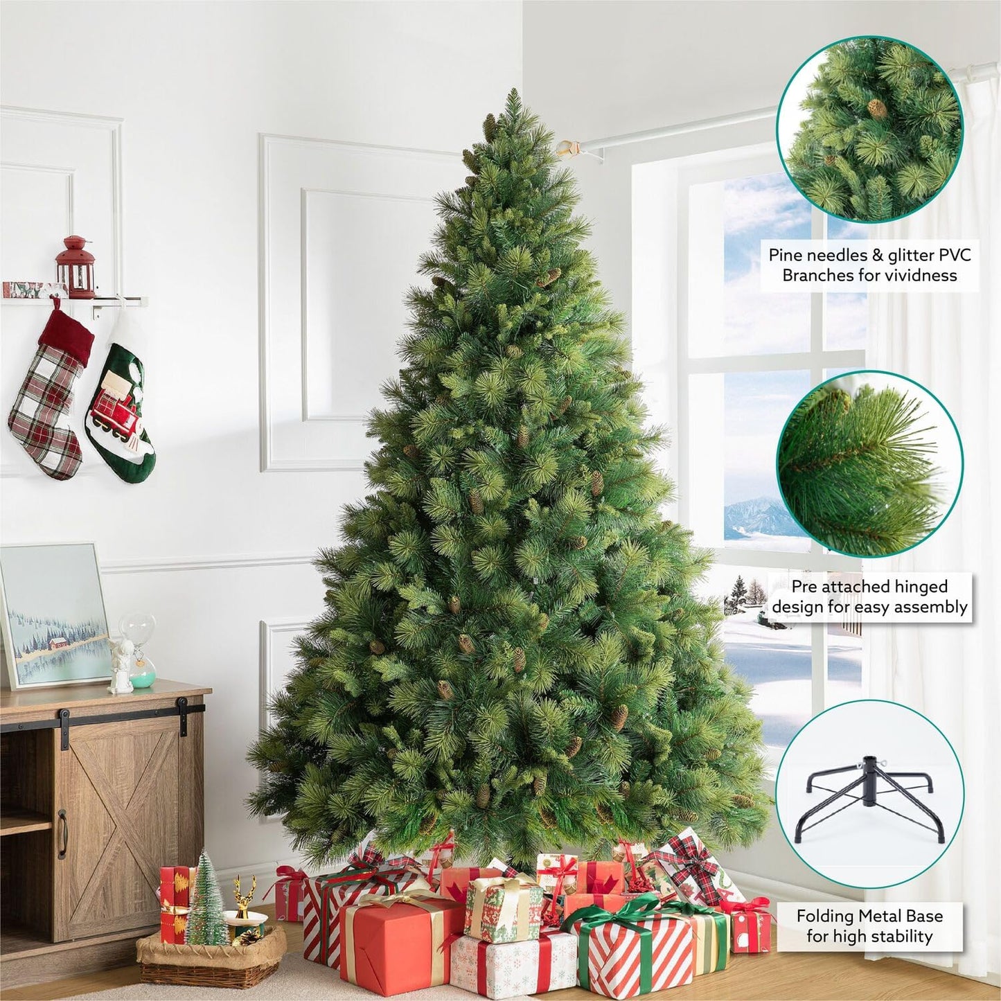 Naomi Home Vail 7.5ft Prelit Artificial Christmas Tree with Pine Cones, Foot Pedal, 1556 Branch Tips, 750 Warm Lights and Metal Stand, 61" Wide Realistic Traditional Christmas Tree with Lights