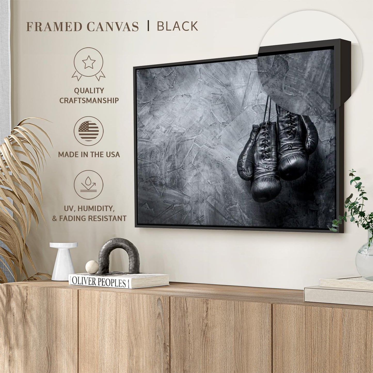 ElephantStock Boxing Gloves Wall Art - Horizontal Framed Canvas - 1-Piece Living Room Wall Decor - Photography Sports Canvas Print - Black and Gray Decor for Wall - 40" X 27"