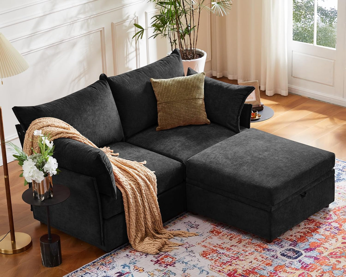 Luxury Modular Sectional Sofa, L-Shaped 3-Seat Couch with Storage Ottoman Deep Seat & Reversible Chaise Lounge Chenille Black for Compact Spaces, Apartments, Dorm