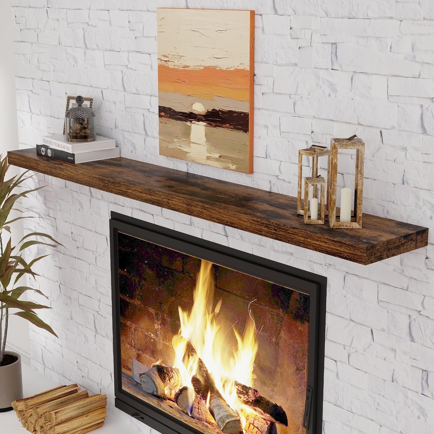 72 Inch Floating Shelves, 72 x 9 Rustic Wooden Fireplace Mantel, 9 Inch Floating Shelf for Wall, Farmhouse Wall Shelves for Home Storage & Display, Rustic Brown Color, Set of 1